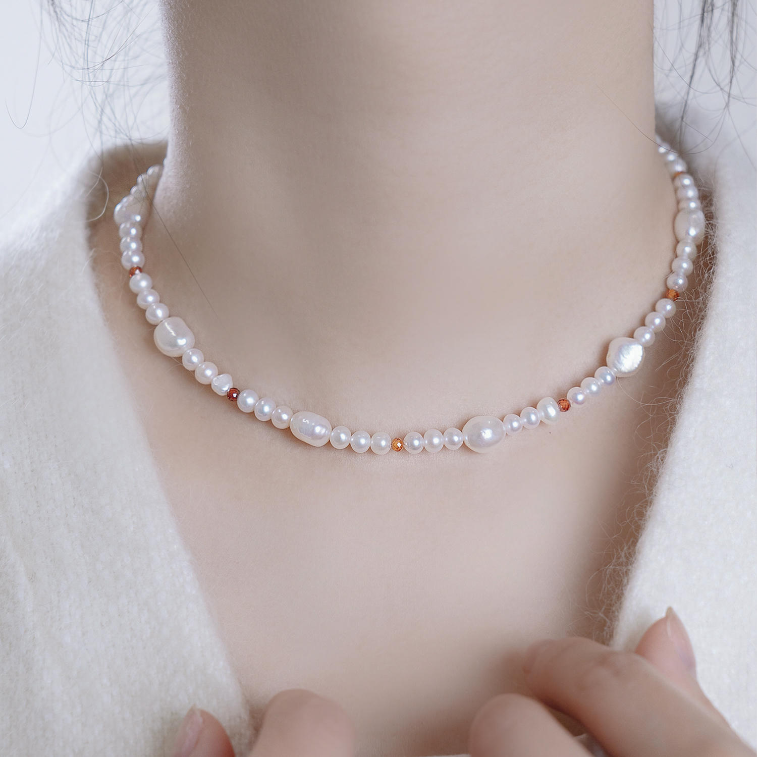 French Elegant Freshwater Pearl Crystal Necklace