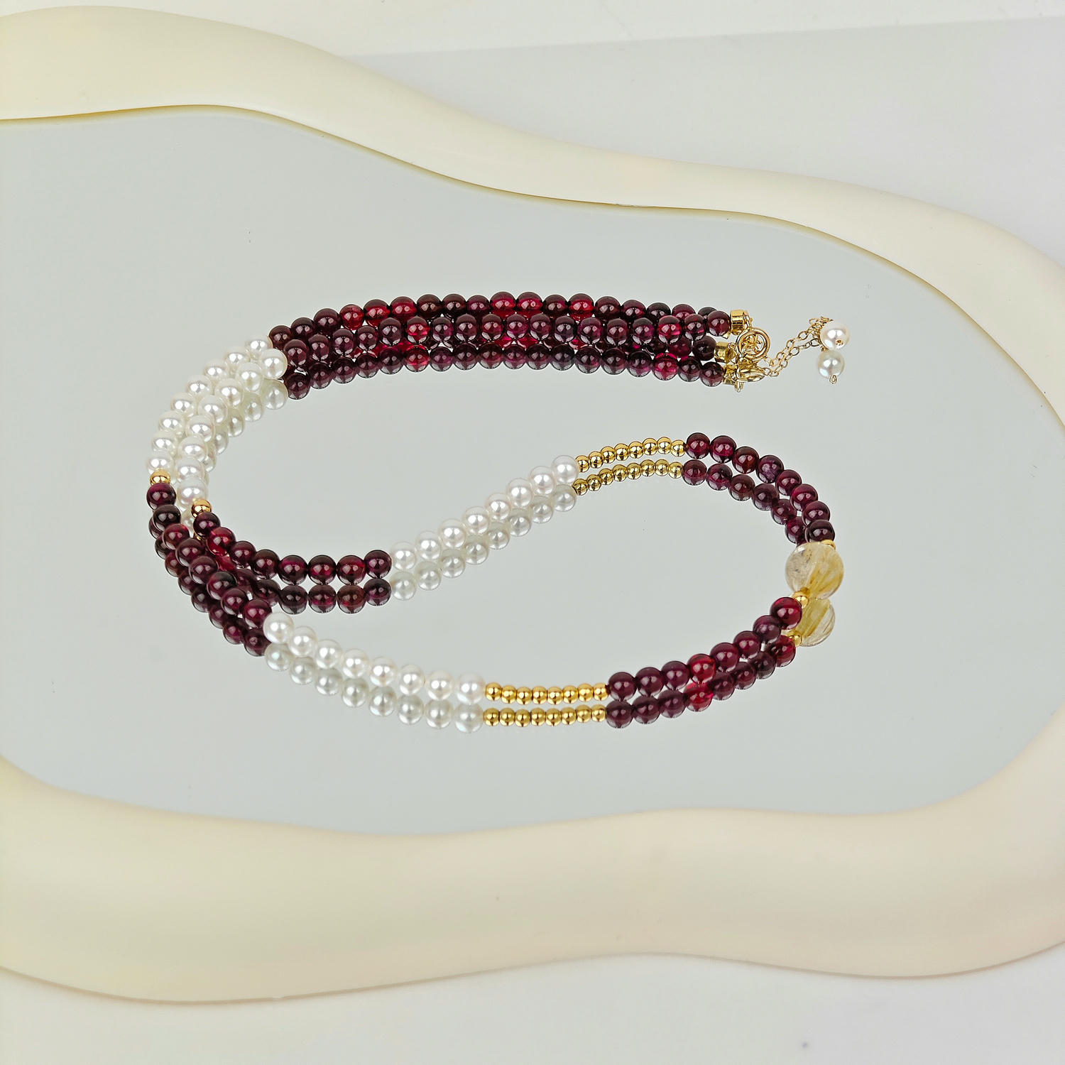 French Vintage Pearl Garnet Triple Layer Necklace