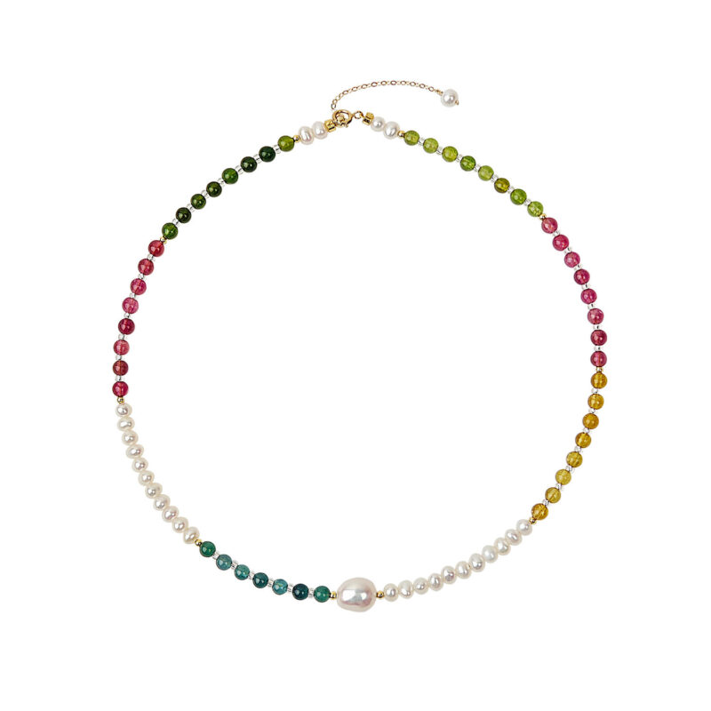 French Chic Rainbow Pearl Necklace with Natural Crystals