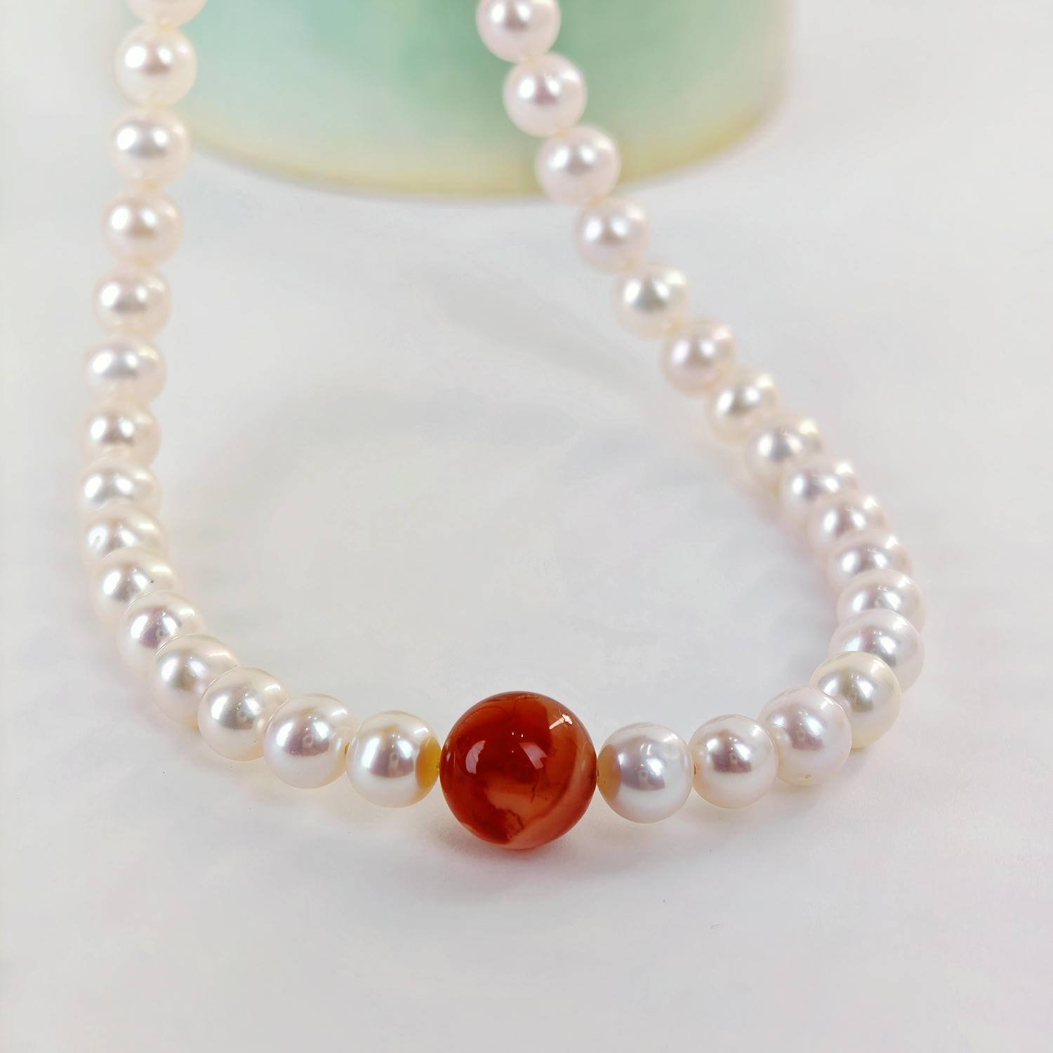 Freshwater Pearl Necklace with Red Agate Accent