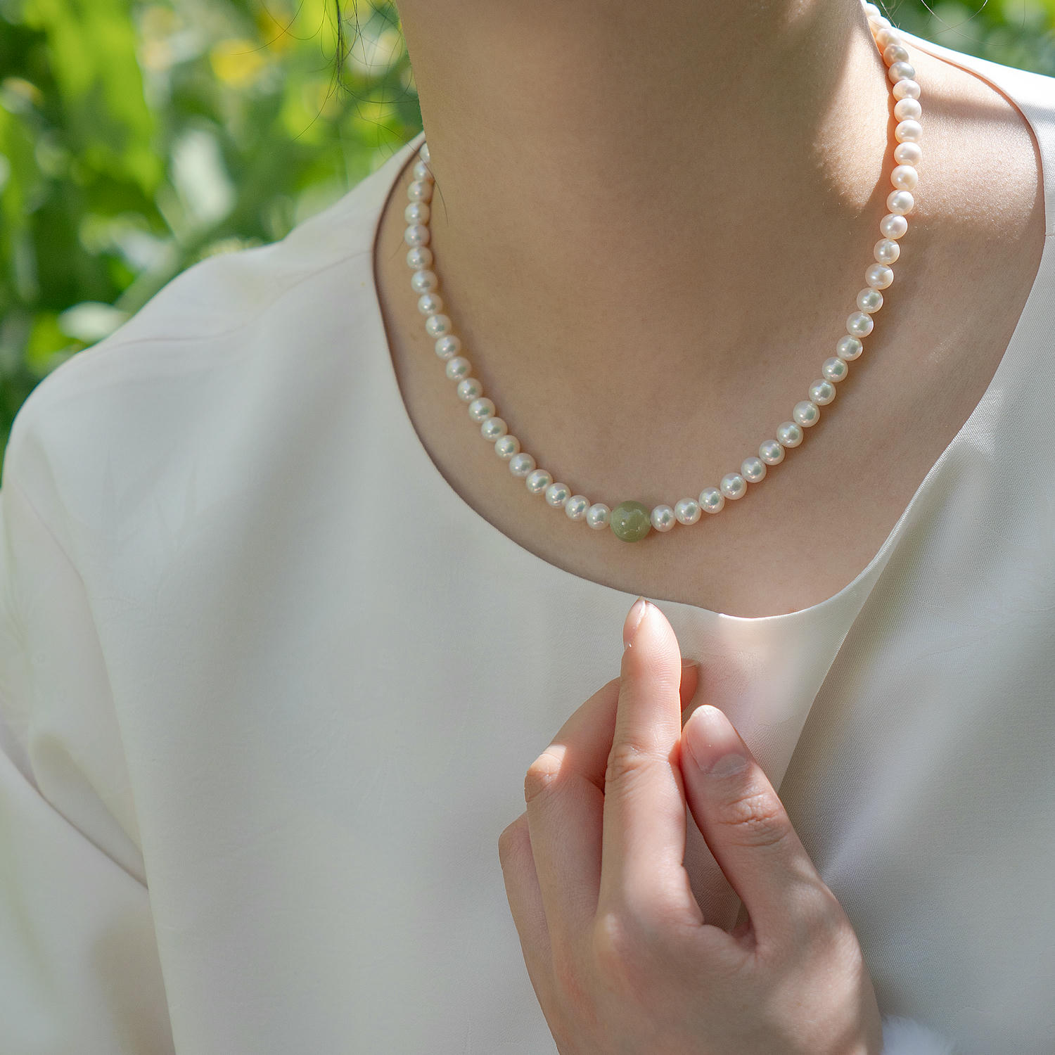 Freshwater Pearl Necklace with Jade, Elegant Minimal Style