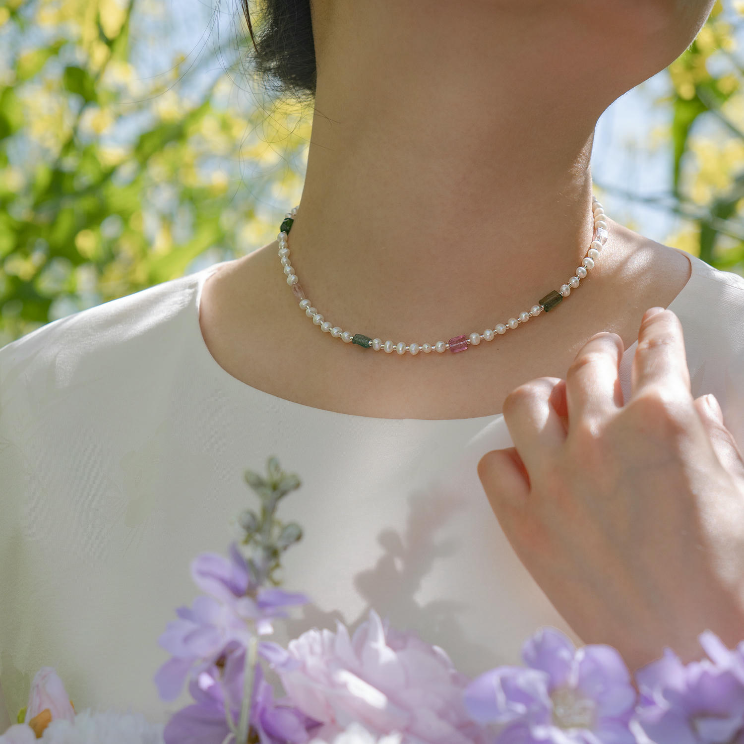 French Elegant Freshwater Pearl Tourmaline Necklace