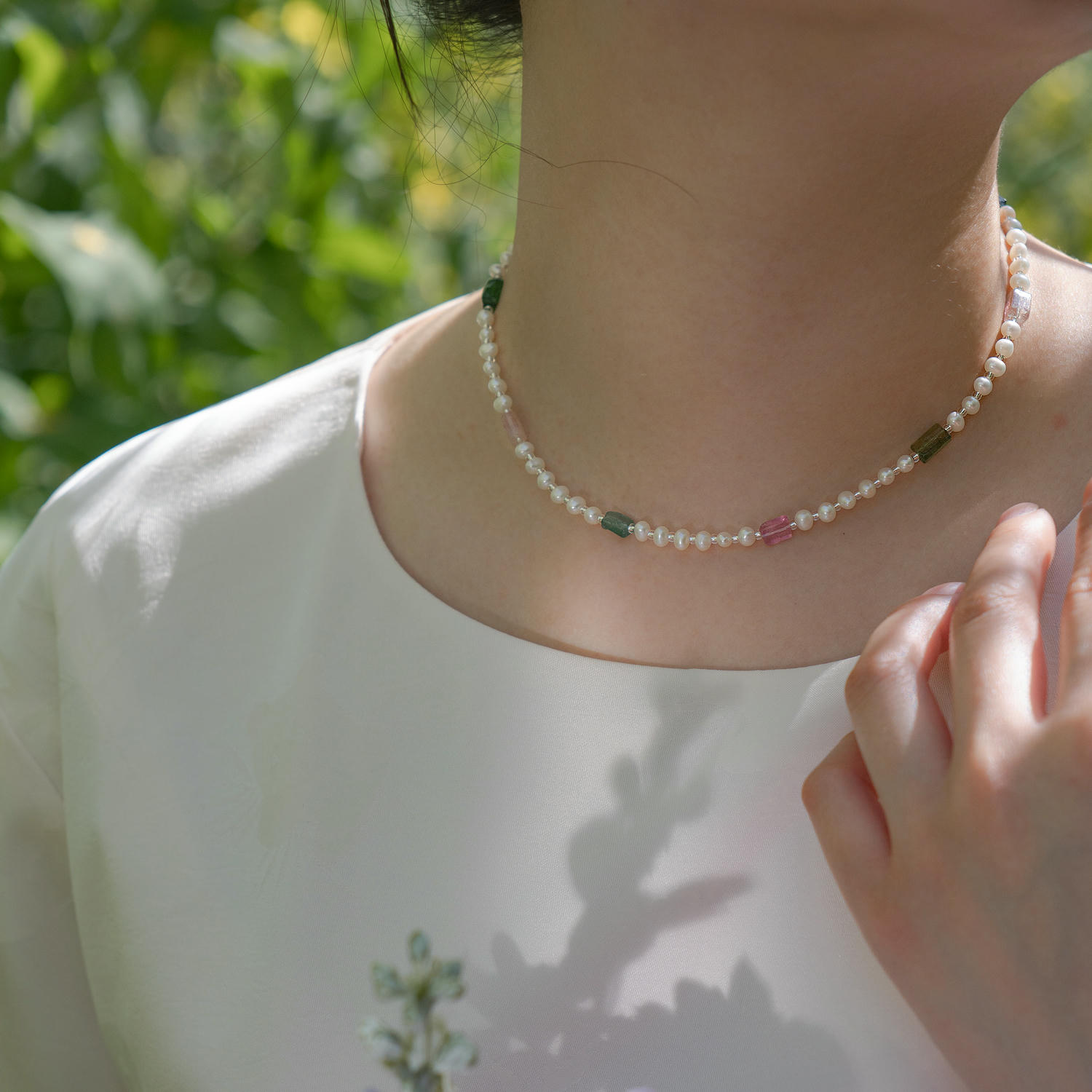 French Elegant Freshwater Pearl Tourmaline Designer Necklace