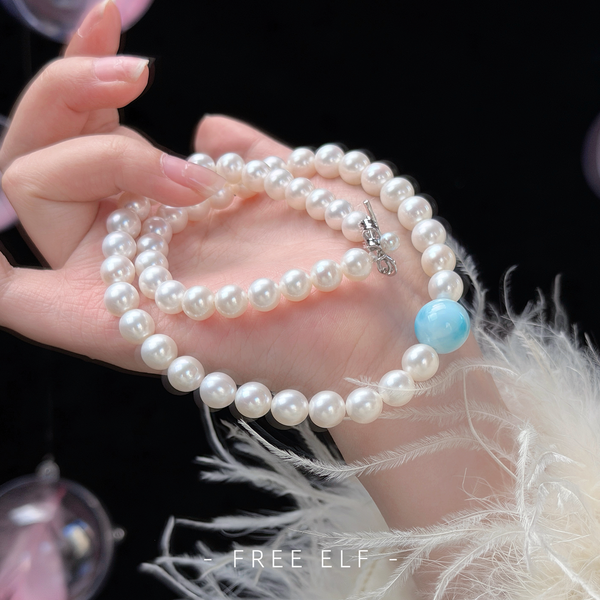 Elegant French Pearl & Larimar Necklace in Silver