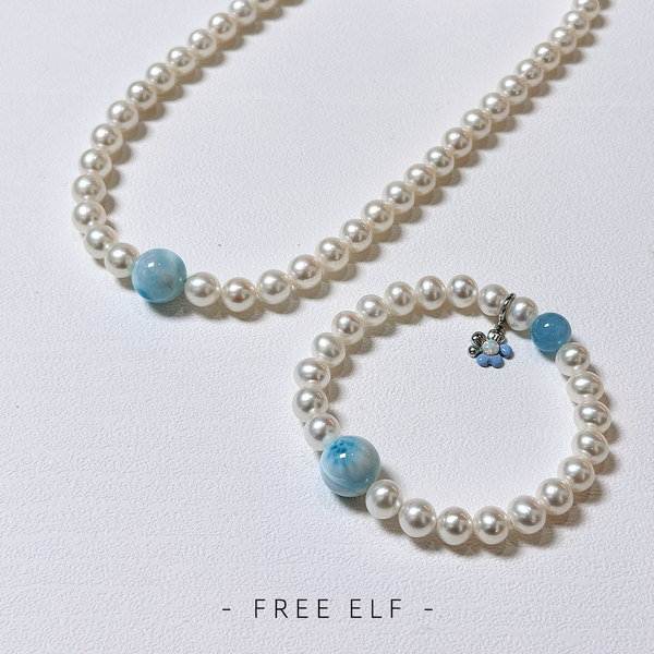 French Elegant Pearl & Larimar Necklace Bracelet Set