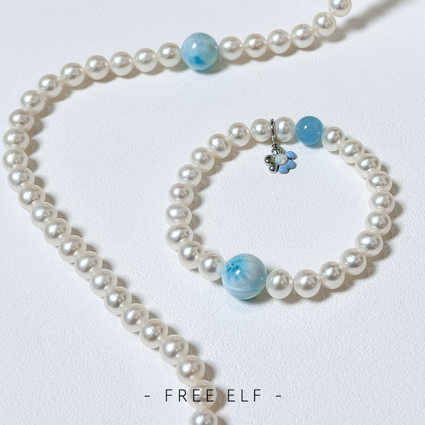 Elegant Freshwater Pearl & Larimar Necklace Bracelet Set
