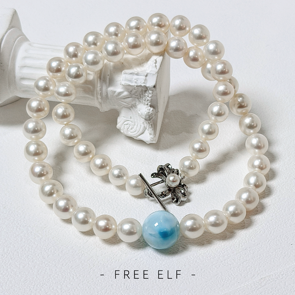 French Vintage Pearl Larimar Bow Designer Necklace