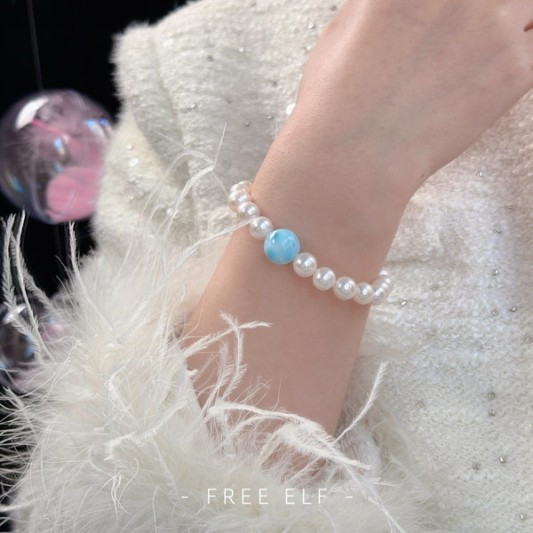 French Minimal Pearl & Larimar Designer Bracelet