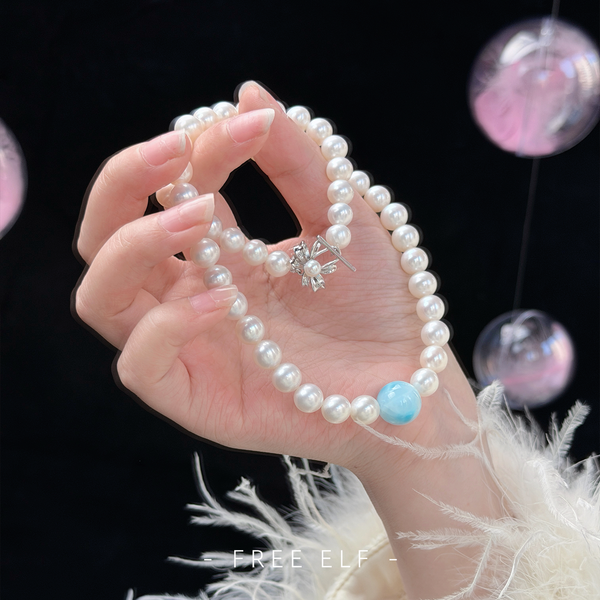 Freshwater Pearl Larimar Silver Elegant Necklace