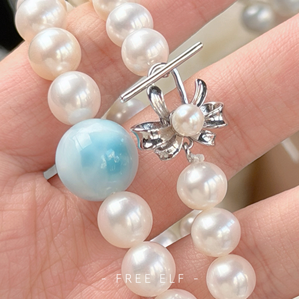 Freshwater Pearl Larimar Silver Elegant Necklace