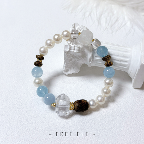 Pearl Aquamarine Crystal Wood Elegant Bracelet