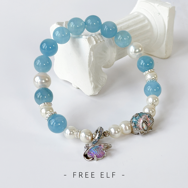 Elegant Pearl & Aquamarine Crystal Designer Bracelet